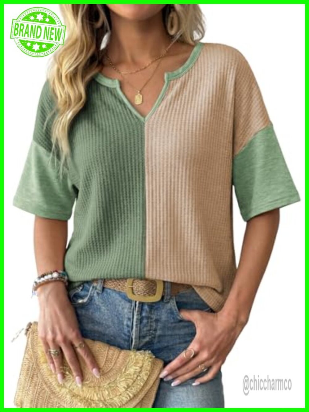 Waffle Knit V-Neck Tunic Top Loose Fit Half Sleeve Womens Shirt